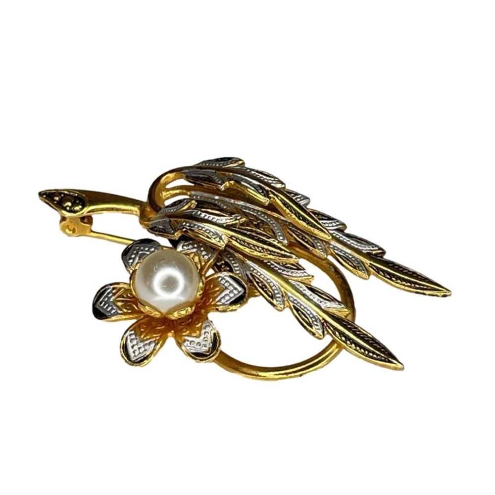GoldTone Black & White Enamelled Floral Brooch With Single Faux Pearl